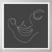 女性顔ラインアートブラック&ホワイト ポスター (正面)