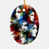 女性顔抽象芸術水彩画ポップ・アートの術 セラミックオーナメント (正面)