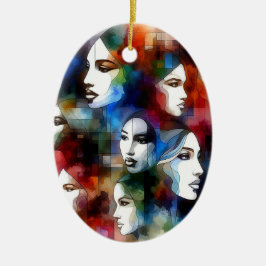 女性顔抽象芸術水彩画ポップ・アートの術 セラミックオーナメント