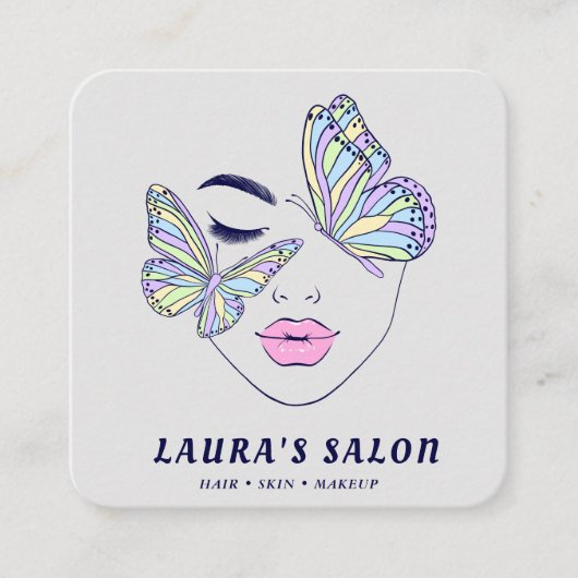 女性顔蝶美しいサロンパステルブルー スクエア名刺 (正面)