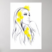 女性顔黄色い花ファッションイラストレーションアート ポスター (正面)