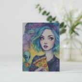 女性食べのピザとエイリアン ポストカード (スタンド正面)