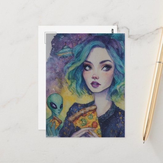 女性食べのピザとエイリアン ポストカード (正面/裏面インサイチュ)