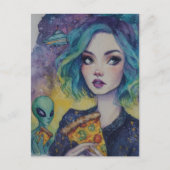 女性食べのピザとエイリアン ポストカード (正面)