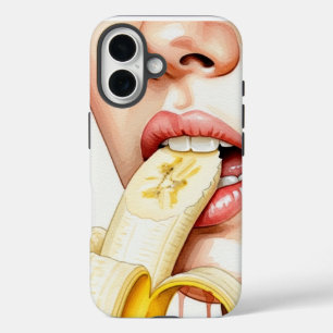 女性食べの青いバナナ iPhone 16ケース