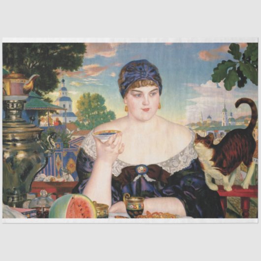 女性食べ物のスイカと猫絵画の 薄葉紙 (正面)