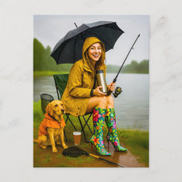 女性魚釣りインレインコートとブスタイリッシューツ シーズンポストカード