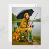 女性魚釣りインレインコートとブスタイリッシューツ シーズンポストカード (正面/裏面)