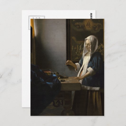 女性1月Vermeerのバランスの郵便はがきを握っている ポストカード (正面/裏面)