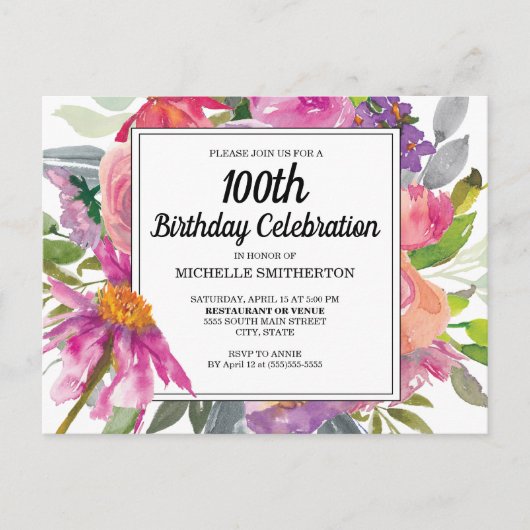 女性100歳の誕生日お祝い インビテーションポストカード (正面)