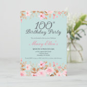 女性100歳の誕生日ピンクのバラのフラワー・パーティー 招待状 (スタンド正面)