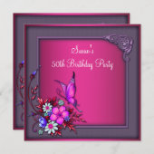 女性50誕生日ピンクパープルバタフライフローラ 招待状 (正面/裏面)