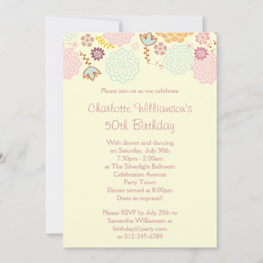 女性50誕生日ファンシーモダンフローラ 招待状 (裏面)