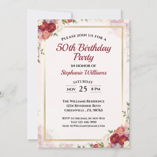 女性50thバースデーパーティーエレガントフローラブーケ 招待状 (正面)