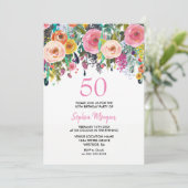 女性50thバースデーパーティー招待状ピンクの花 招待状 (スタンド正面)