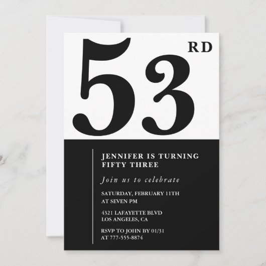女性53エレガント歳の誕生日の招待状ブラック 招待状 (正面)