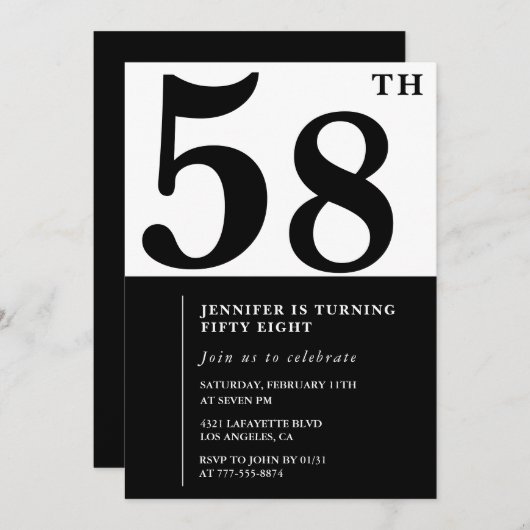 女性58エレガント歳の誕生日の招待状ブラック 招待状 (正面/裏面)