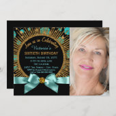 女性60誕生日ティール(緑がかった色)ブルーと金ゴールド写真60 招待状 (正面/裏面)