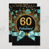 女性60th誕生日ティール（緑がかった色）ブルーと金ゴールド 招待状 (正面/裏面)