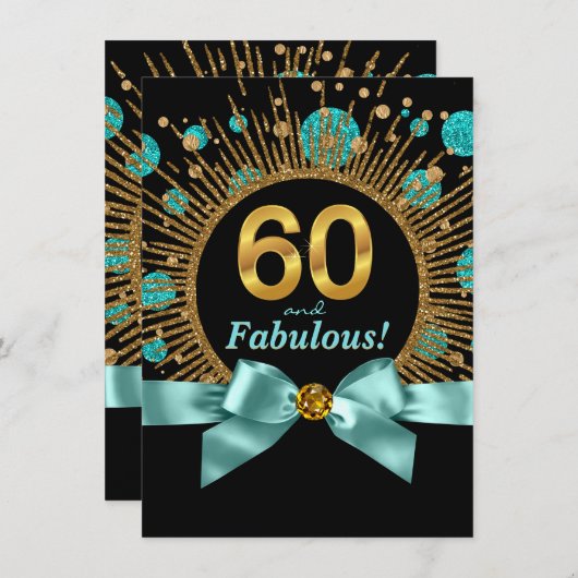 女性60th誕生日ティール（緑がかった色）ブルーと金ゴールド 招待状 (正面/裏面)