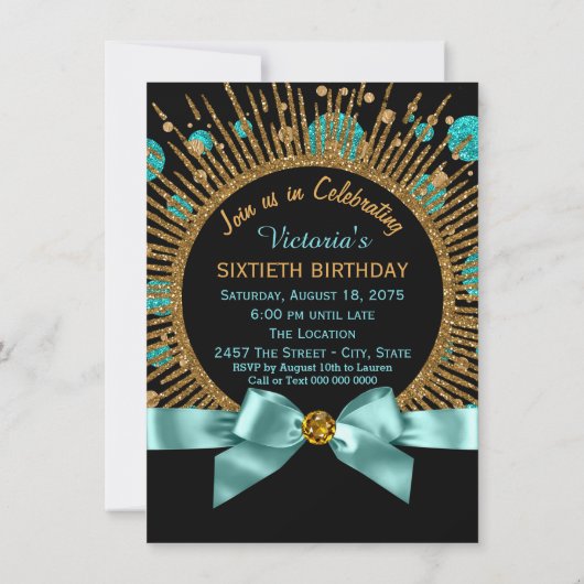 女性60th誕生日ティール（緑がかった色）ブルーと金ゴールド 招待状 (裏面)