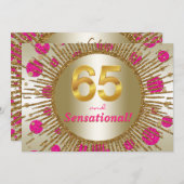 女性65thバースデーパーティー明るい赤紫色ピンク金ゴールド 招待状 (正面/裏面)