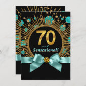 女性70thバースデーパーティーティール（緑がかった色）ブルーと金ゴールド 招待状 (正面/裏面)