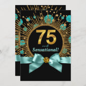 女性70thバースデーパーティーティール（緑がかった色）ブルーと金ゴールド 招待状 (正面/裏面)