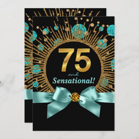 女性70thバースデーパーティーティール（緑がかった色）ブルーと金ゴールド 招待状 (正面/裏面)