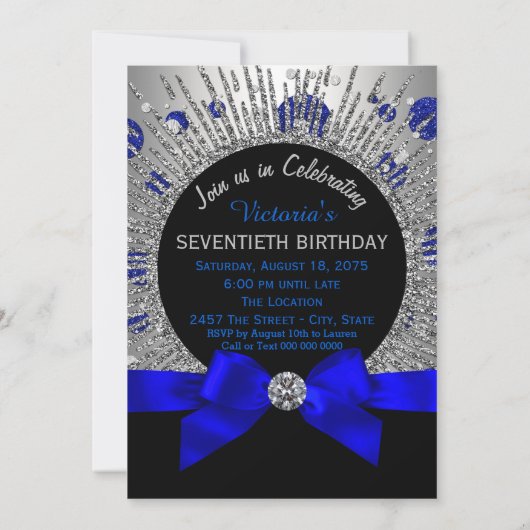 女性70thバースデーパーティーブルー王室のとシルバー 招待状 (裏面)