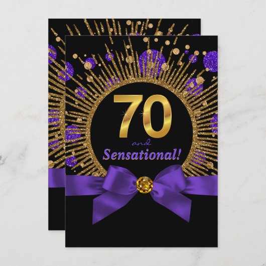 女性70thバースデーパーティー紫と金ゴールド 招待状 (正面/裏面)