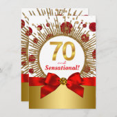 女性70thバースデーパーティー赤と金ゴールド 招待状 (正面/裏面)