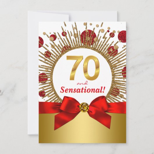 女性70thバースデーパーティー赤と金ゴールド 招待状 (正面)