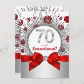 女性70thバースデーパーティー赤と銀 招待状 (正面/裏面)