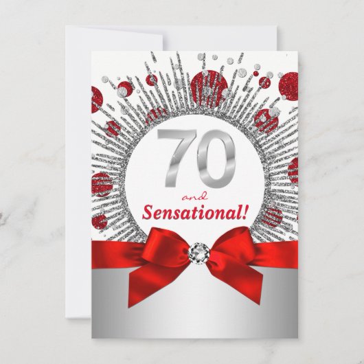 女性70thバースデーパーティー赤と銀 招待状 (正面)