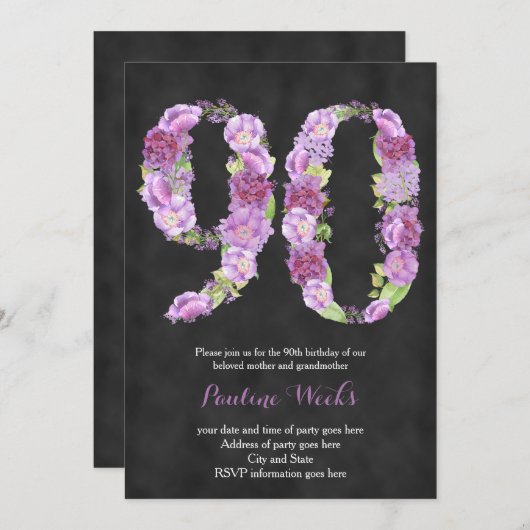 女性90歳の誕生日招待状,薄紫招待状 招待状 (正面/裏面)