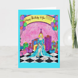 女性、プレゼント、猫が付いている誕生日の挨拶状 カード