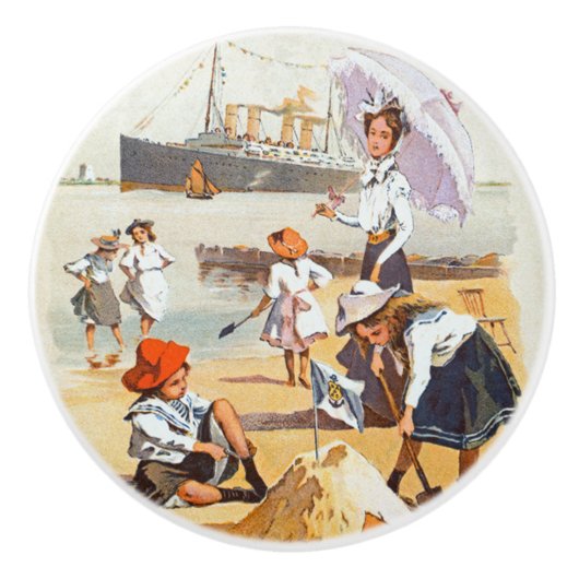 女性~傘~子ども~ハンブルク・アメリカライン セラミックノブ (正面)