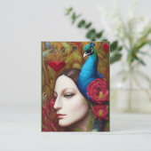 女性,孔雀,赤い花とハート ポストカード (スタンド正面)