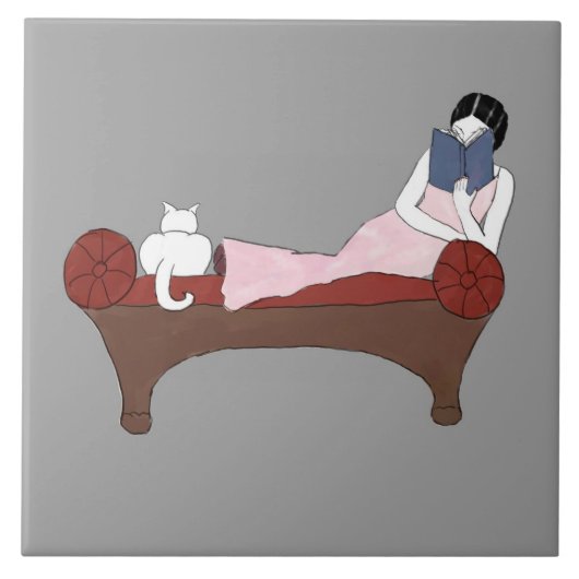 女性、猫およびAの非常によい本のセラミックタイル タイル (正面)