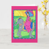 女性、猫、象、インドのグリーティングカード カード (黄色い花)