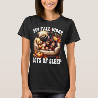 女性、男性、子供、睡眠大好きな人向けの可愛い秋のパグのデザイン Tシャツ