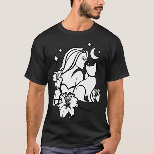 女性 百合 花 猫 ファンタジー 月 グラマー ゴス Tシャツ (正面)