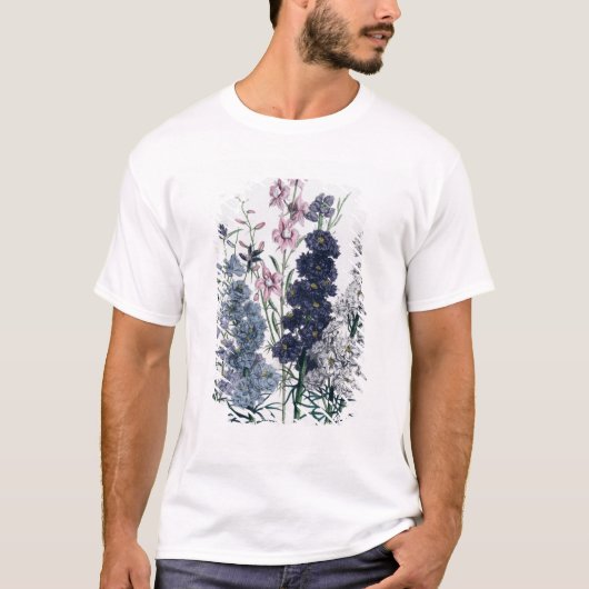「女性」花Gardenからのヒエンソウ、 Tシャツ (正面)