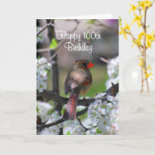 女性(鳥)ショウジョウコウカンチョウ100誕生日 カード (黄色い花)