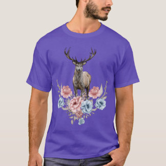 女性 鹿 花 森林 動物 面白い Tシャツ