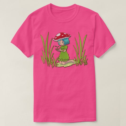 女性Aのためのキノコの足掛け帽子と可愛い妖精 Tシャツ (デザイン正面)