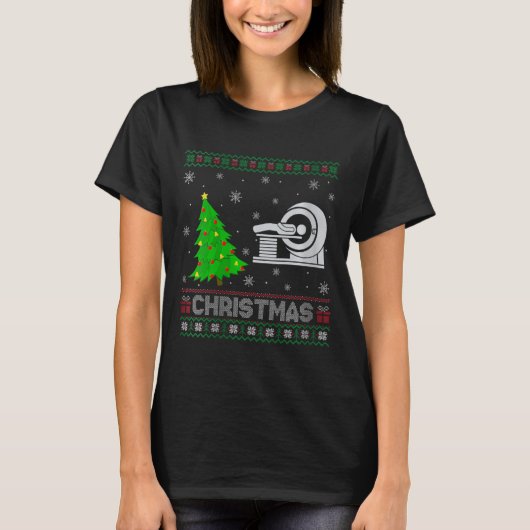 女性MRI技術クリスマスツリー照明醜いクリスマス Tシャツ (正面)