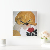 女性WITH赤いバラ スクエア壁時計 (ホーム)