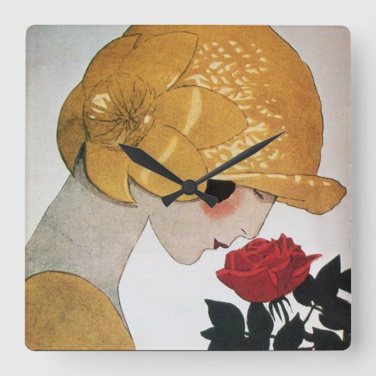 女性WITH赤いバラ スクエア壁時計 (正面)